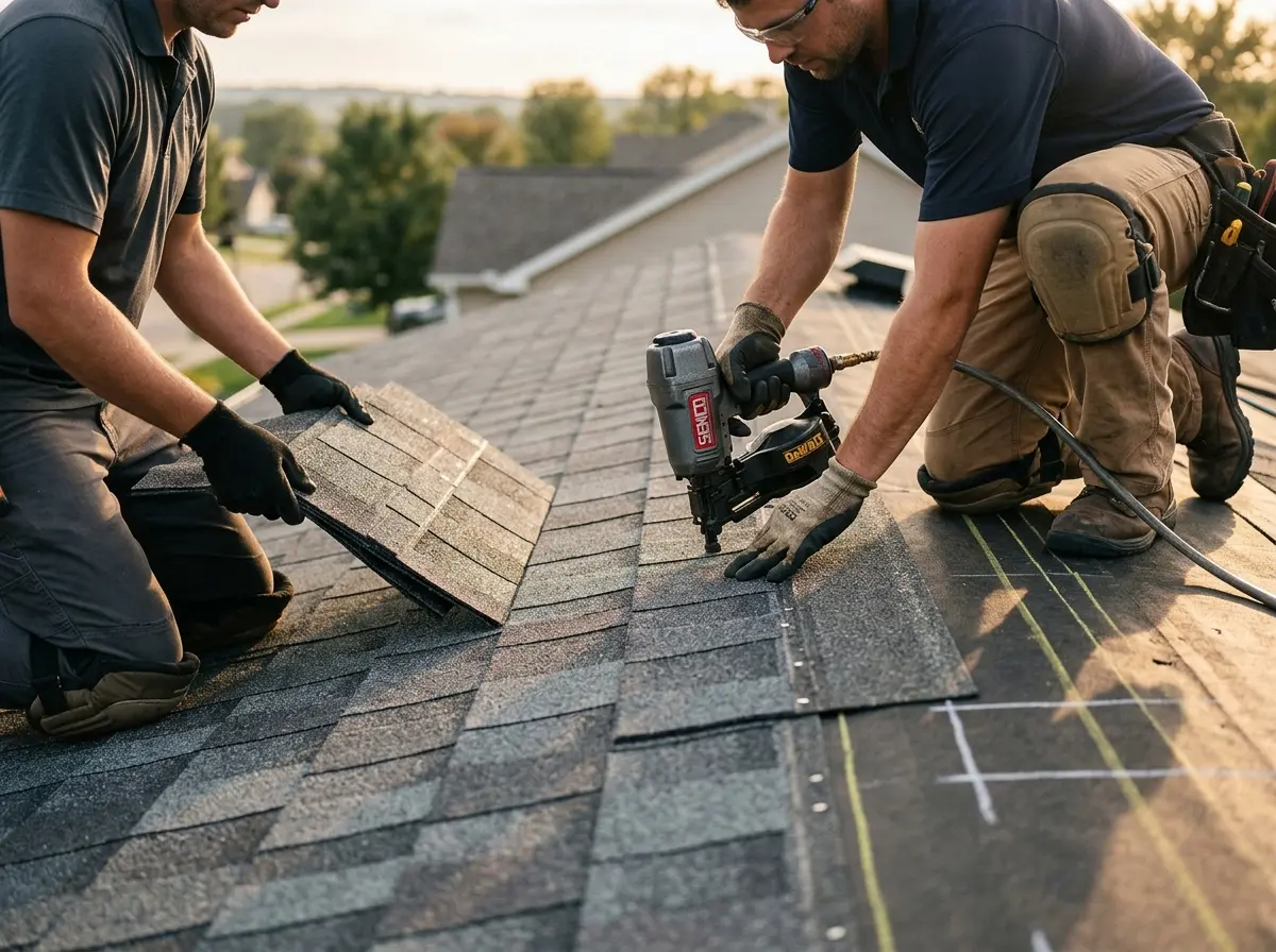 Professional roofer working on a residential roof in Uhrichsville